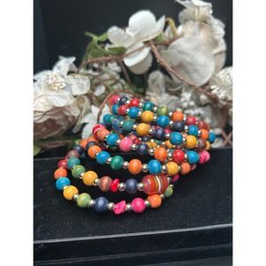 Boho Wrap Multicolor Wooden Bead Memory Coil Bracelet Hippie Artisan‎ Festival